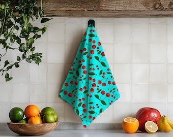 Geschirrtuch mit Kirschen, Bio-Baumwolle Hanf oder Baumwolle Leinen Canvas