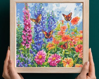 Patrón de punto de cruz de jardín de mariposas PDF Descarga imprimible de flores de bordado vintage Patrones de punto de cruz Mariposas en el jardín