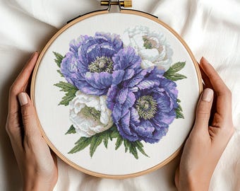Paarse pioenrozen kruissteekpatroon PDF download afdrukbare bloemen vintage borduurwerk prachtige paarse pioen kruissteekpatroonhouder