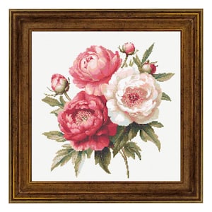 Pioenrozen kruissteekpatroon PDF download Afdrukbare roze bloemen romantische vintage borduurwerk pioenrozen lentebloemen Xstitch patroonhouder