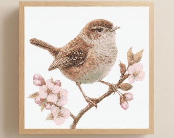 Wren and Blossoms Cross Stitch Pattern, Spring Bird, PDF Digital Download