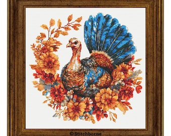 Autumn Turkey Cross Stitch Pattern PDF Download Printable Vintage Turkey in Autumn Embroidery Thanksgiving Turkey Cross Stitch Patterns