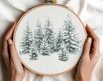 Pine Trees in Winter Cross Stitch Pattern, Snowy Pine Forest, PDF Digital Download