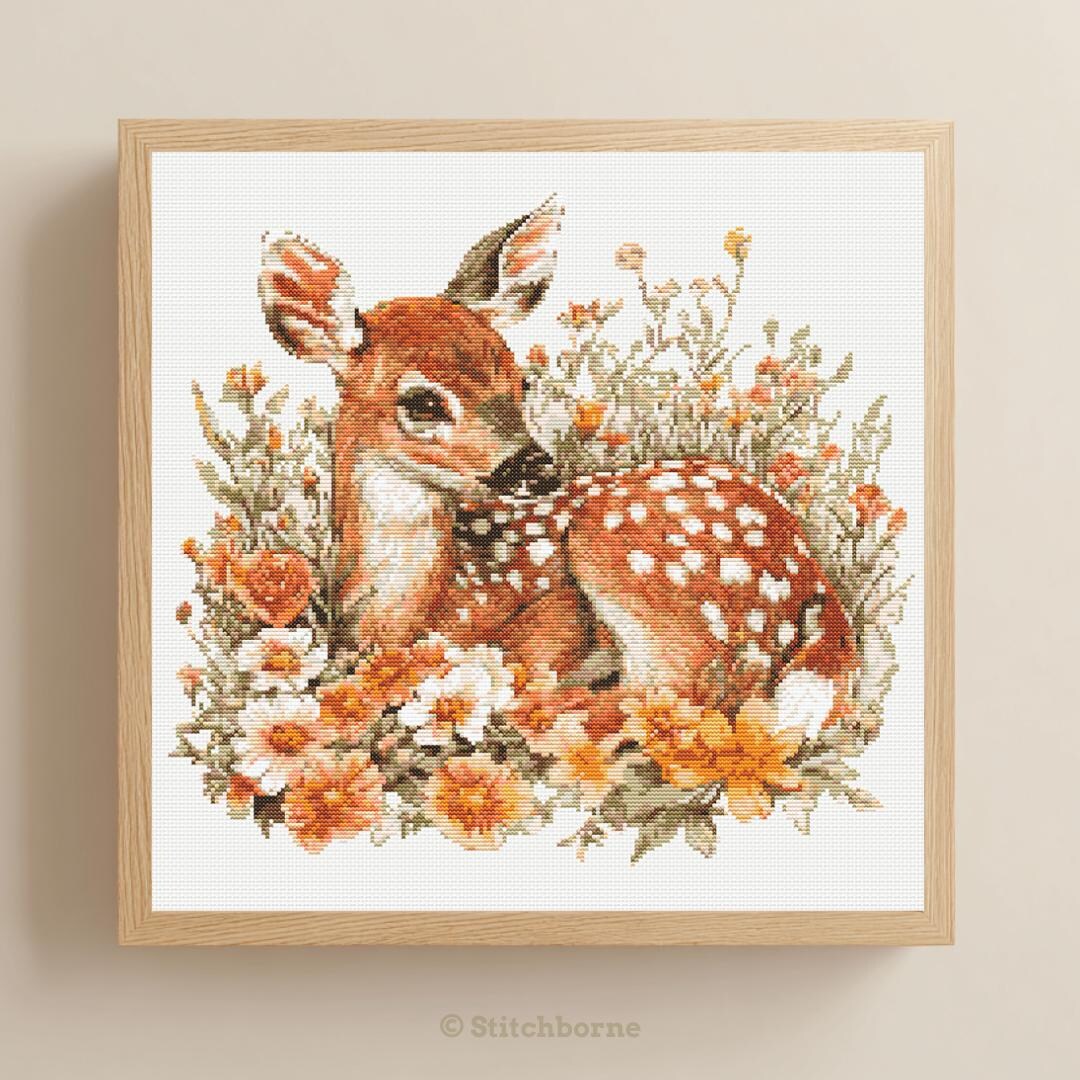 Fawn Pattern Print Fawn in Flowers Cross Stitch Pattern PDF Download Printable Baby Deer ...