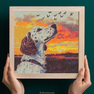 English Setter and Birds Cross Stitch Pattern PDF Download Printable Dog at Sunset Cross Stitch Patterns Dog Watching Birds Sunrise Dogs