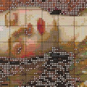 May include: Close-up of a cross-stitch pattern with a floral design. The pattern uses a variety of colors, including shades of brown, pink, and green. The stitches are small and detailed, creating a textured effect.