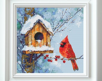 Red Cardinal and Winter Birdhouse Cross Stitch Pattern PDF Download Printable Winter Cardinal Birds Patterns Christmas Cardinal Cross Stitch