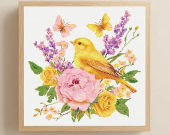 Yellow Bird and Flowers Cross Stitch Pattern PDF Download Printable Vintage Birds Embroidery Floral Cross Stitch Patterns Bird Cross Stitch