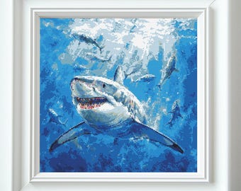 Underwater Shark Cross Stitch Pattern PDF Download Printable Shark Cross Stitch Patterns Ocean Sea Nautical Creatures Fish Sharks Patterns