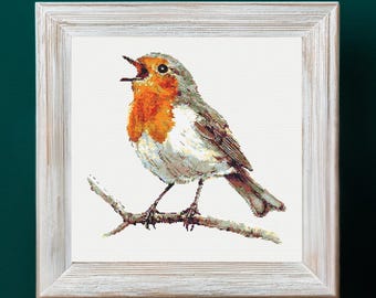 Patrón de punto de cruz de petirrojo cantor PDF Descarga de patrones de punto de cruz de petirrojo imprimibles Pájaro en rama Pájaros cantores Patrones de adorables petirrojos