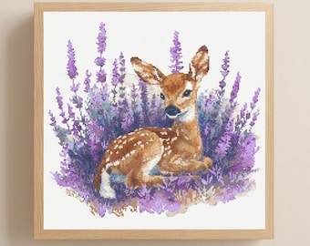 Fawn in Lavender Cross Stitch Pattern PDF Download Printable Baby Deer in Flowers Fawn Cross Stitch Patterns Floral Summer Cross Stitch Deer