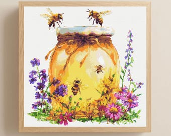 Wildflower Honey and Bees Cross Stitch Pattern PDF Download Printable Floral Honey Jar Cross Stitch Pattern Wildflowers Cross Stitch Pattern