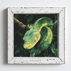 May include: A framed cross-stitch depicting a green snake coiled on a branch, set against dark green foliage. The snake has yellow eyes and a yellow underbelly. The white frame has a distressed finish. The text "&copy; Stitchborne" is in the bottom right corner.