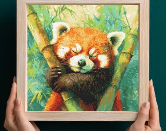 Panda rosso che dorme nella foresta di bambù, schema punto croce PDF da scaricare, schema punto croce panda rosso stampabile, simpatici modelli di animali selvatici