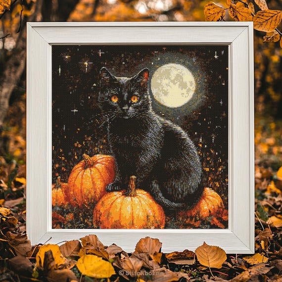 カボチャと満月の黒猫のクロスステッチパターンPDFダウンロード印刷
