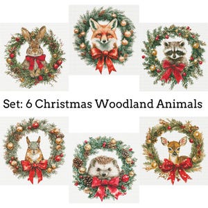 May include: Set of six Christmas woodland animal portraits. Each animal, including a rabbit, fox, raccoon, squirrel, hedgehog, and deer, is framed by a festive wreath with red bows and ornaments. The text "Set: 6 Christmas Woodland Animals" is displayed.