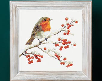 Robin on Snowy Branch Cross Stitch Pattern PDF Download Printable Robin on Winter Branch Christmas Robin Cross Stitch Patterns Winter Birds