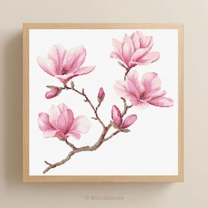 Patrón de punto de cruz de rama de magnolia, flores de primavera, punto de cruz floral rosa, descarga digital en PDF