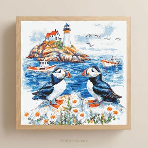 Two Puffins on a Seacoast Cross Stitch Pattern PDF Download Printable Embroidery Puffins Cross Stitch Patterns Shore Ocean Sea Lighthouse