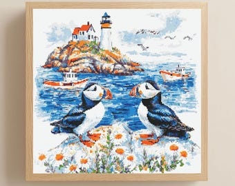 Two Puffins on a Seacoast Cross Stitch Pattern PDF Download Printable Embroidery Puffins Cross Stitch Patterns Shore Ocean Sea Lighthouse