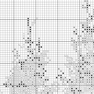 May include: A cross-stitch pattern chart with a grid of squares. The pattern features a design with various symbols, including circles, squares, triangles, and hearts, in black and white. The chart is for a needlecraft project.