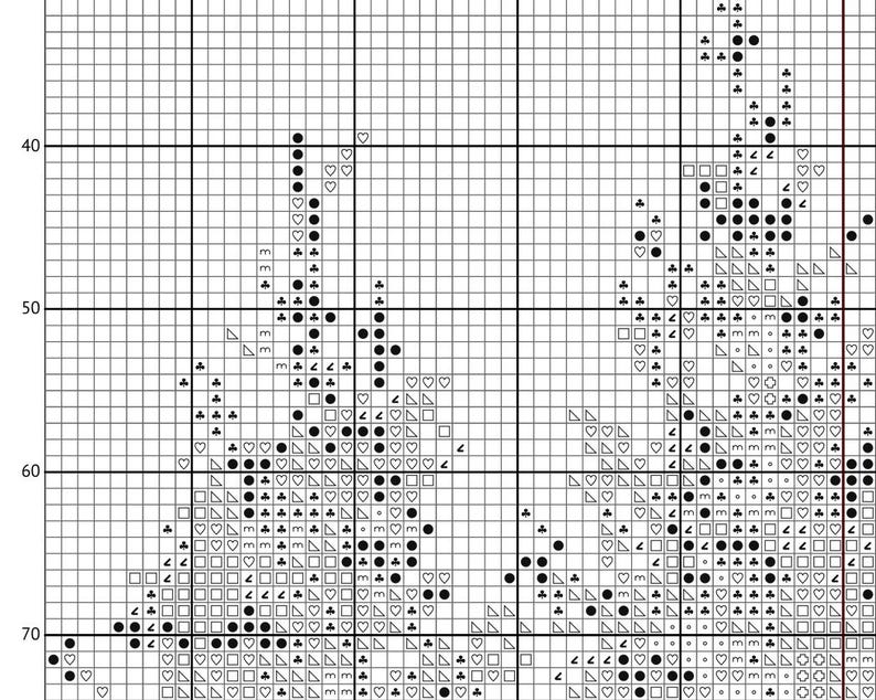 May include: A cross-stitch pattern chart with a grid of squares. The pattern features a design with various symbols, including circles, squares, triangles, and hearts, in black and white. The chart is for a needlecraft project.