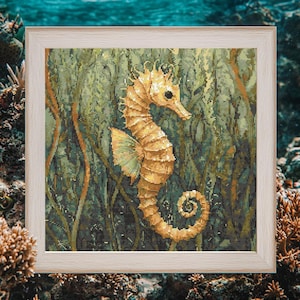 May include: A framed cross-stitch artwork featuring a detailed seahorse in shades of gold and tan, set against a backdrop of green seaweed. The seahorse has a curled tail and a detailed fin. The frame is a light wood color.