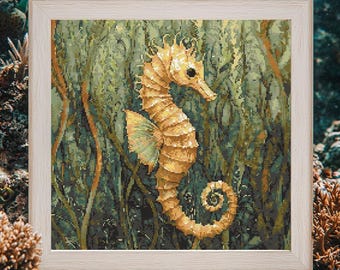 Seahorse and Kelp Cross Stitch Pattern PDF Download Printable Vintage Embroidery Seahorse Cross Stitch Patterns Seaweed Underwater Ocean