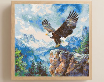 Schema punto croce Aquila e montagne PDF Scaricabile Ricamo vintage stampabile Aquila Schemi punto croce Natura Paesaggio montuoso