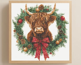Highland Cow in Christmas Wreath Cross Stitch Pattern PDF Digital Download Christmas Highland Cow in Festive Wreath with Baubles and Red Bow