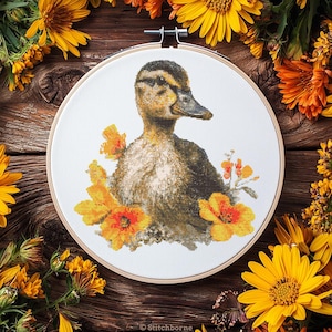 Duckling in Flowers Cross Stitch Pattern PDF Download Printable Cute Duckling Cross Stitch patterns Vintage Embroidery Duck Pattern Keeper