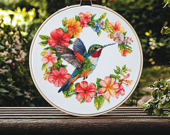 Hummingbird and Wreath Cross Stitch Pattern PDF Download Printable Vintage Bird Embroidery Floral Hummingbird Cross Stitch Pattern Flowers