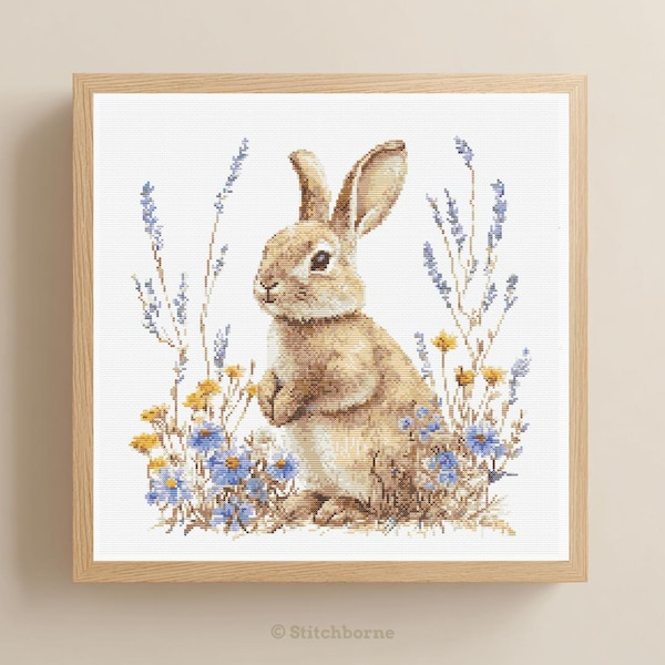 Rabbit and Wildflowers Cross Stitch Pattern, Spring Animals, PDF Digital Download