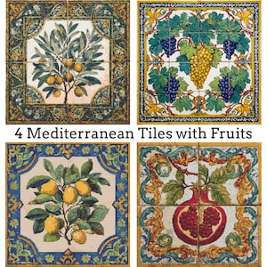 Puede incluir: Cuatro azulejos mediterráneos con diseños de frutas. Los azulejos presentan imágenes de ramas de olivo, uvas, limones y una granada. Cada azulejo tiene un borde decorativo en tonos azules, verdes y dorados. Se muestra el texto "4 Mediterranean Tiles with Fruits".