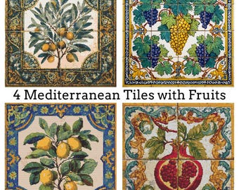 4 patrones de punto de cruz de azulejos mediterráneos con frutas (PDF, descargable, imprimible, bordado vintage, patrones de punto de cruz de azulejos mediterráneos)