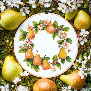 Pears and Blossoms Wreath Cross Stitch Pattern PDF Download Printable Vintage Pears Floral Wreath Cross Stitch Patterns Pears and Flowers