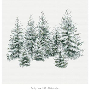 May include: Cross stitch chart titled "Pine trees in Winter" featuring a design of snow-covered pine trees. The design size is 200 x 200 stitches. The chart suggests fabric sizes of 14.29 x 14.29 inches, 12.5 x 12.5 inches, and 11.11 x 11.11 inches.