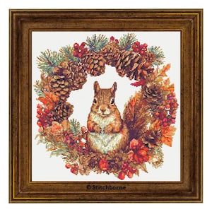 Squirrel in Autumn Wreath Cross Stitch Pattern PDF Download Autumn Squirrel Cross Stitch Patterns Cozy Fall Patterns Fall Woodland Animals