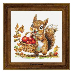Autumn Squirrel with Apples Cross Stitch Pattern PDF Download Printable Squirrel Cross Stitch Patterns Fall Embroidery Cute Woodland Animals