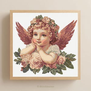 Patrón de punto de cruz de ángel querubín y rosas en PDF. Descarga de patrones de punto de cruz de ángel imprimibles. Guardián de patrones de bordado vintage.