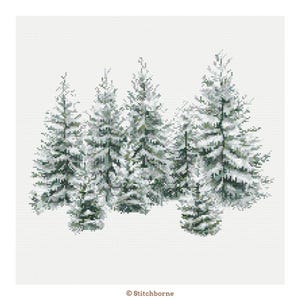 May include: Cross-stitch pattern featuring a cluster of snow-covered evergreen trees. The trees are rendered in shades of green and white, creating a wintery scene. The design is on a white background. The text "&copy; Stitchborne" is at the bottom.