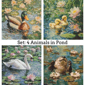 4 Animals in Pond Cross Stitch Patterns PDF Download Printable Swan Otter Duck Ducklings Vintage Embroidery Animals in Lake Pattern Keeper