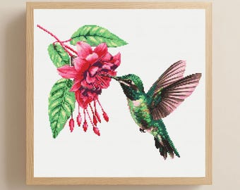 Hummingbird and Fuchsia Cross Stitch Pattern PDF Download Printable Hummingbird Cross Stitch Patterns Vintage Bird Embroidery Pattern Keeper