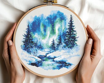 Winter Forest and Northern Lights Cross Stitch Pattern, Snowy Landscape, PDF Digital Download