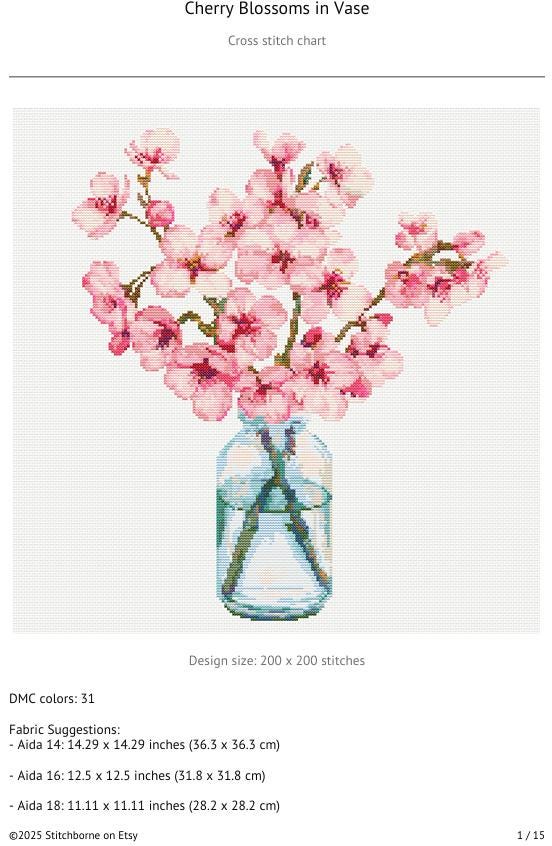 Cherry Blossoms in Vase Cross Stitch Pattern PDF Download Printable ...