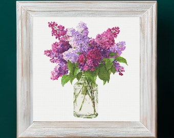 Lilacs in Vase Cross Stitch Pattern PDF Download Printable Lilacs Cross Stitch Patterns Spring Flowers Cross Stitch Patterns Purple Flowers