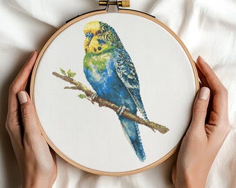 セキセイインコのクロスステッチパターン：水彩画風の鳥の刺繍（PDF