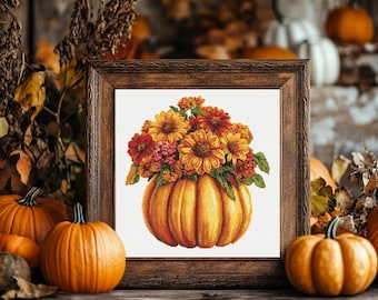Pumpkin and Flowers Cross Stitch Pattern PDF Download Printable Autumn Pumpkin Cross Stitch Patterns Sunflowers Cross Stitch Fall Patterns