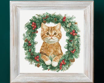 Patrón de punto de cruz de gato con corona de invierno, gato navideño, gatos naranjas, descarga digital en PDF