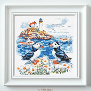 Two Puffins on a Seacoast Cross Stitch Pattern PDF Download Printable Embroidery Puffins Cross Stitch Patterns Shore Ocean Sea Lighthouse